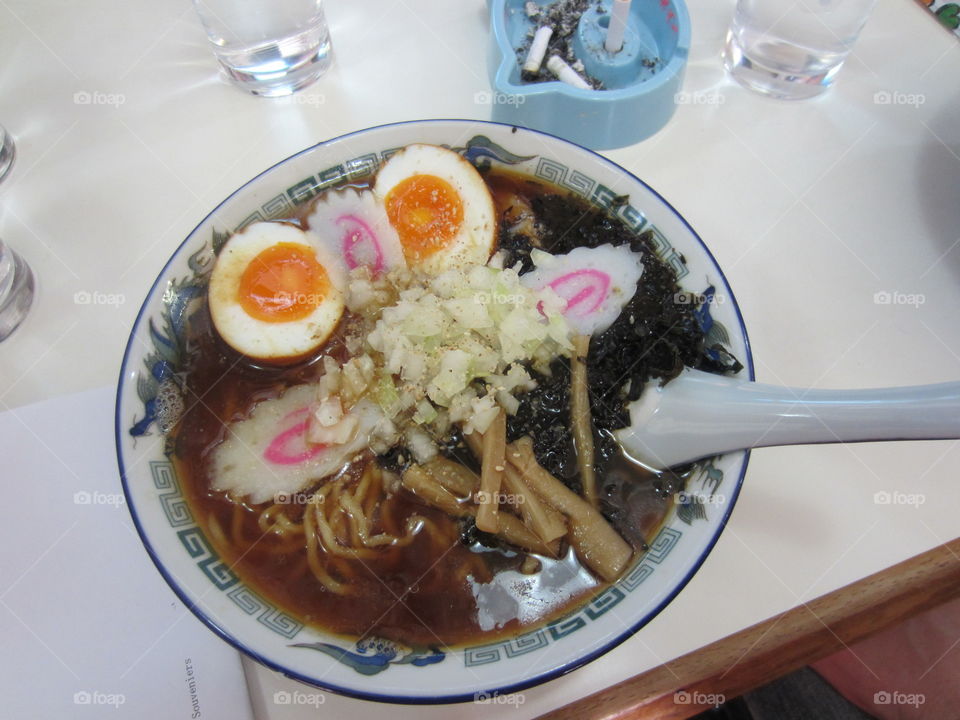 Ramen Soup , Hachiouji, Tokyo, Japan. 
Funky Monkey Babys Ramen, named for the famous Japanese musical group whose hometown the restaurant is in.  Miyagi Honten.