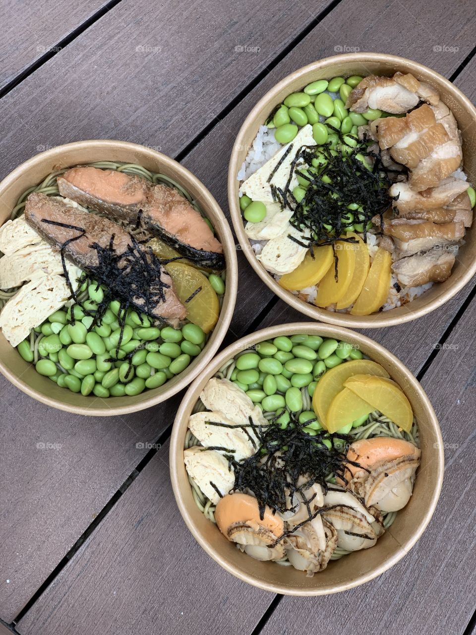 Wafu butter Japanese large hotate cha soba and teriyaki chicken donburi and Miri suki salmon cha soba 