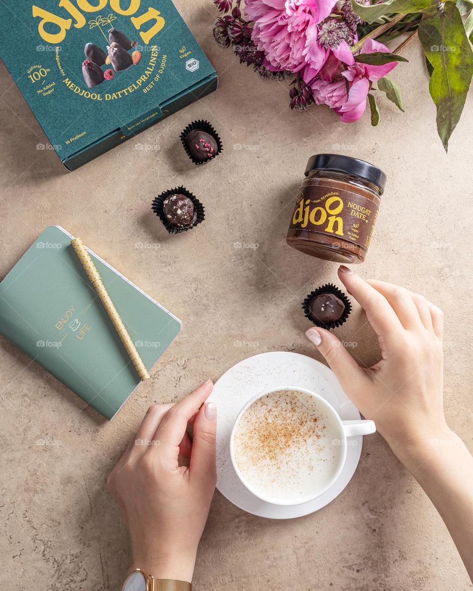 Drinking coffee with chocolates flatlay 