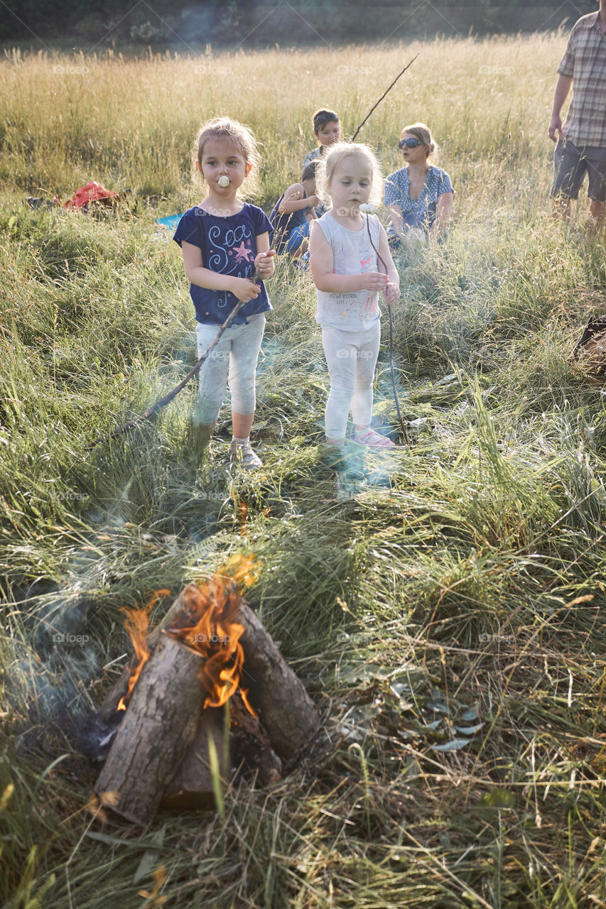 Children eating a marshmallows after roasting them over a campfire on a meadow. Candid people, real moments, authentic situations