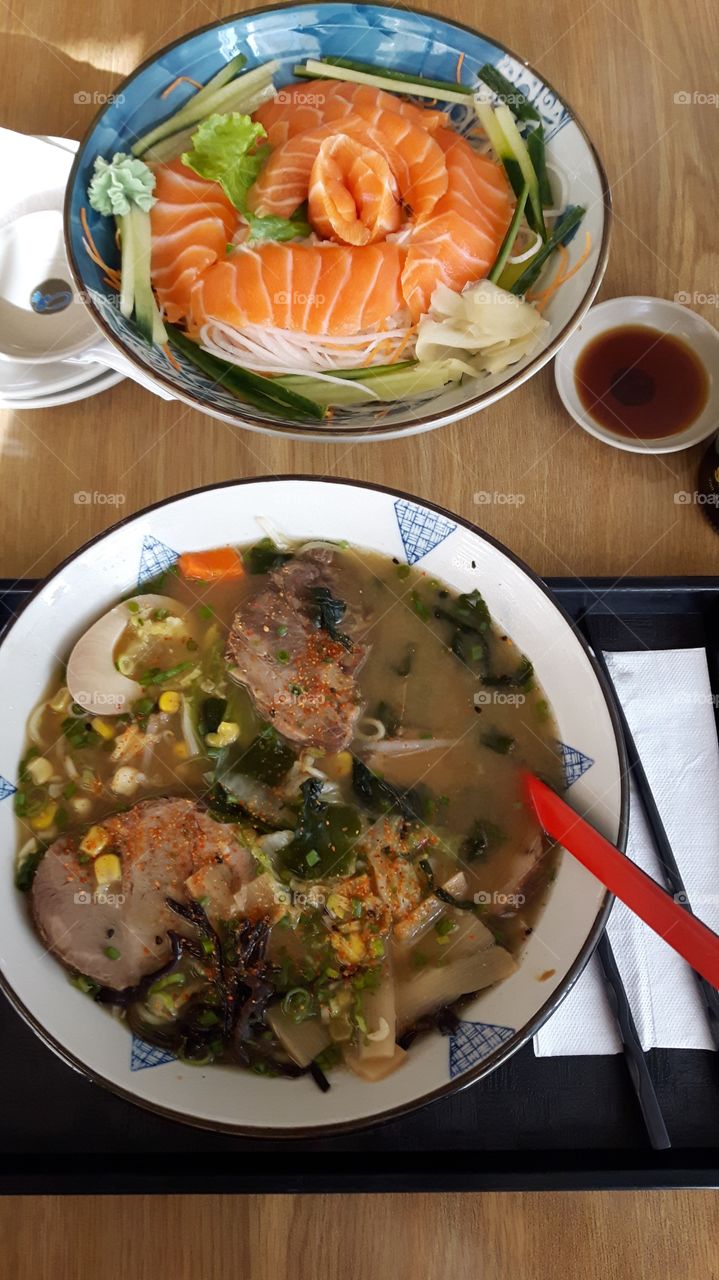Japanese ramen and sashimi