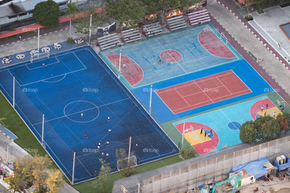 Top view of kids play in playground