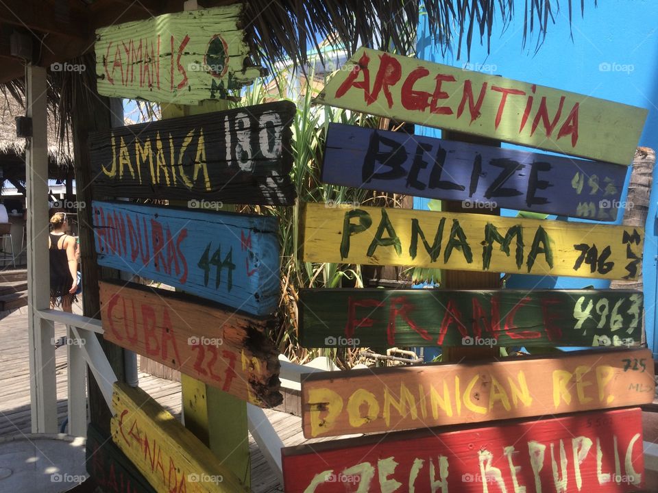 A colourful wooden sign of destinations 