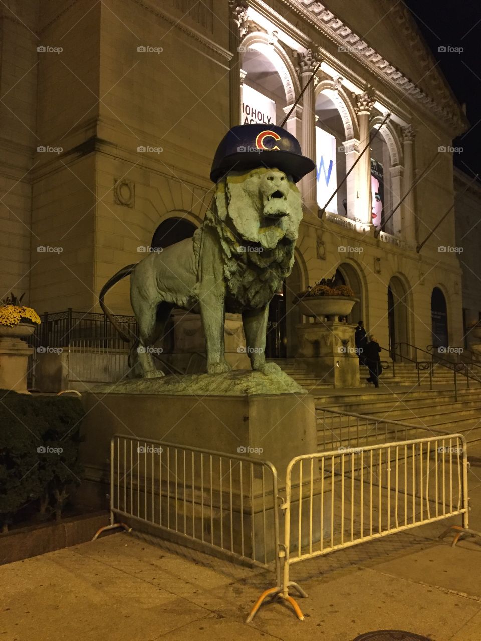 Lion outside of the Art Museum in Chicago wearing Cubs hat