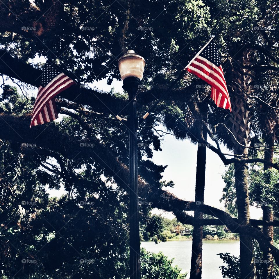 American Street Light. A street light decorated with American Flags