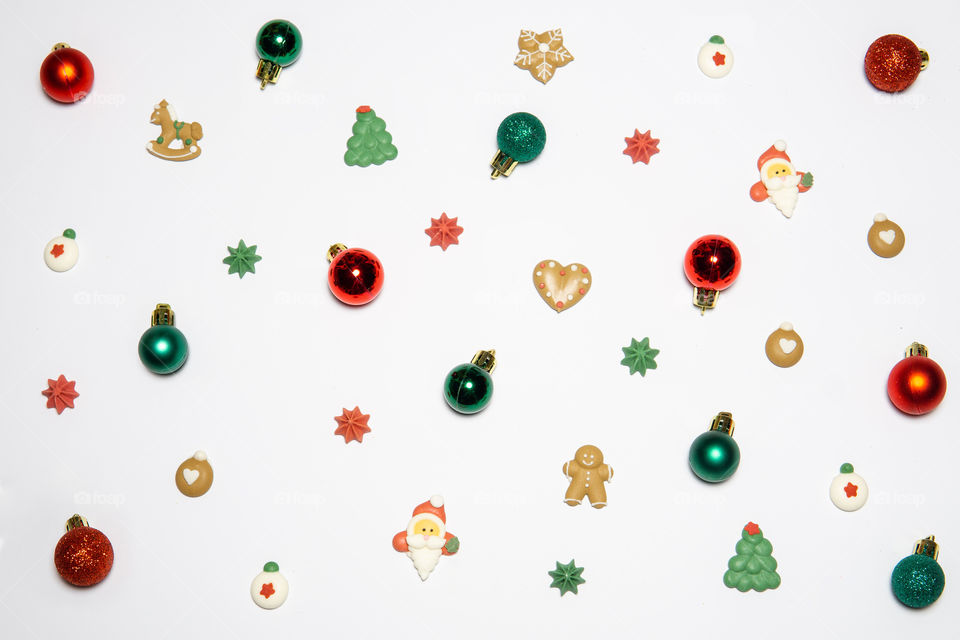 Christmas layout of candies and decoration. Flat lay