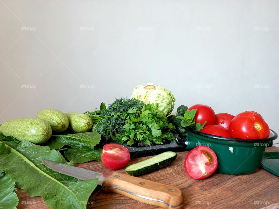 fresh vegetables and knife