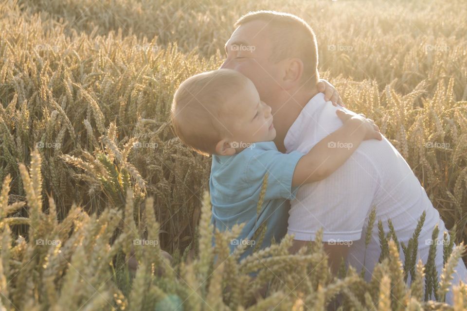 Dad hugs his little son tightly in a field of ripe wheat.