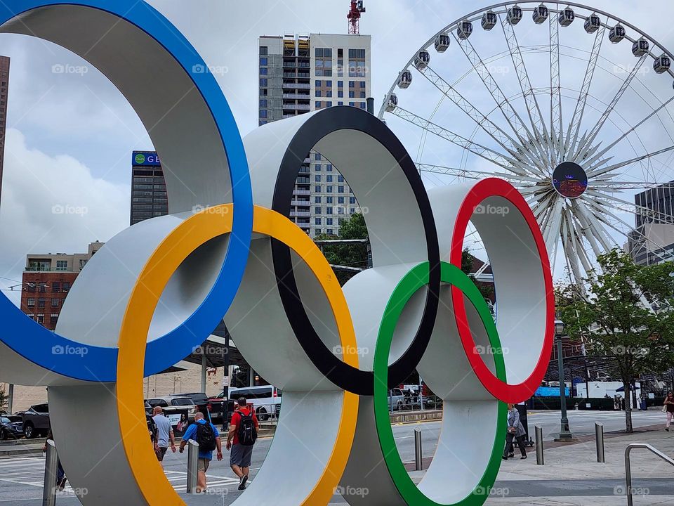 The Olympic rings anchor the entrance to the Olympic Park in Atlanta