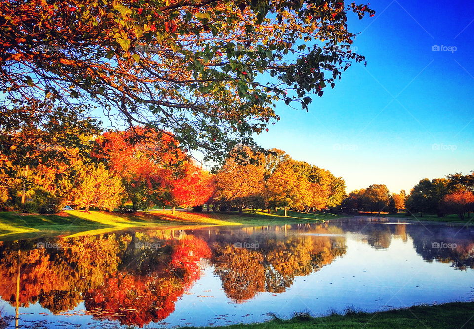 Beautiful fall colors reflections in the calm waters 