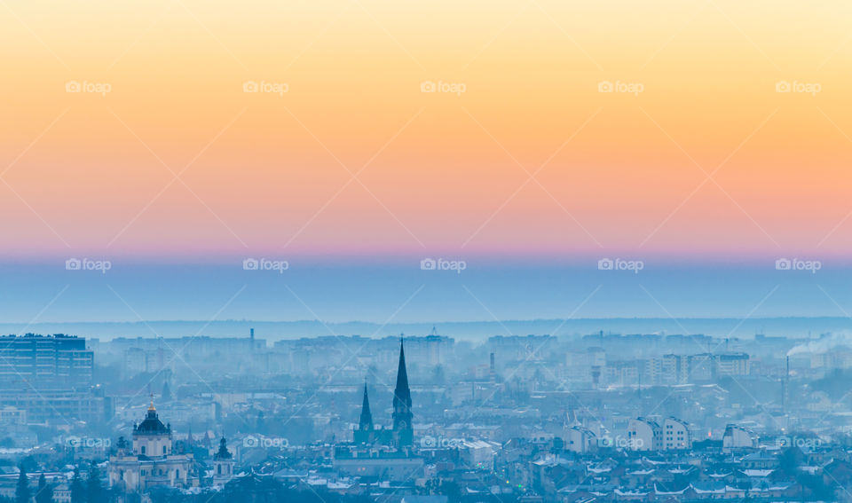 Lviv cityscape during the sunset