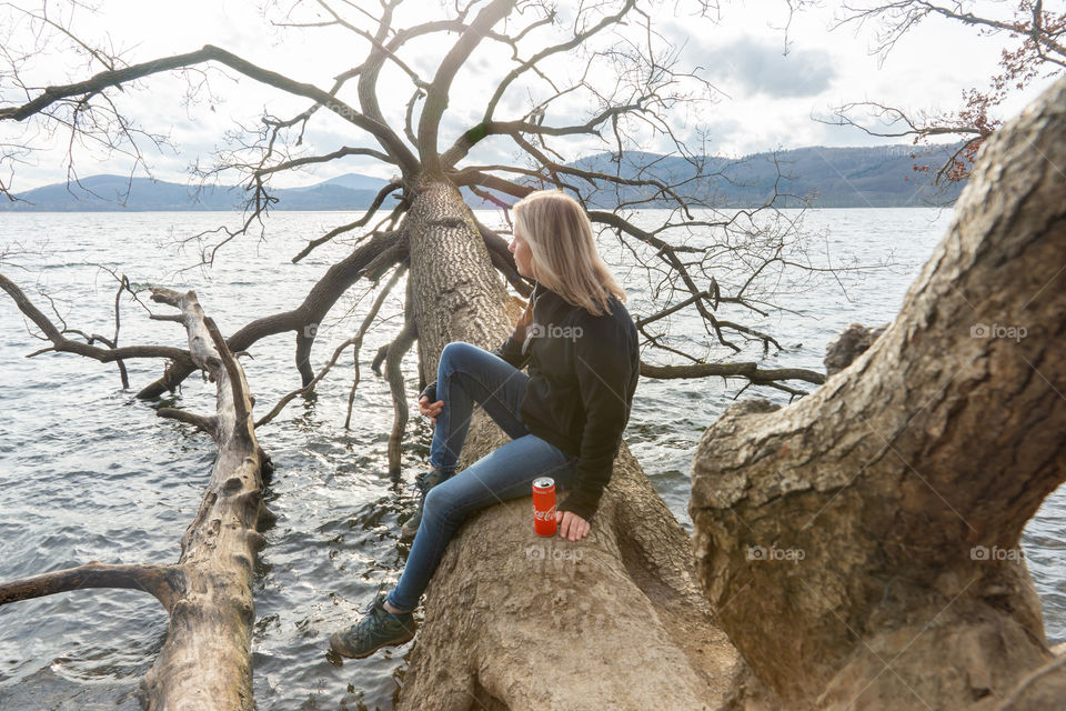 woman sitting on a tree