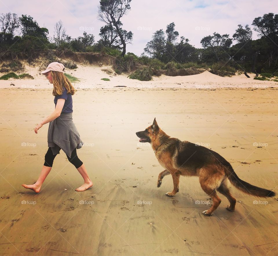 Following my mistress (German Shepherd dog on the by)