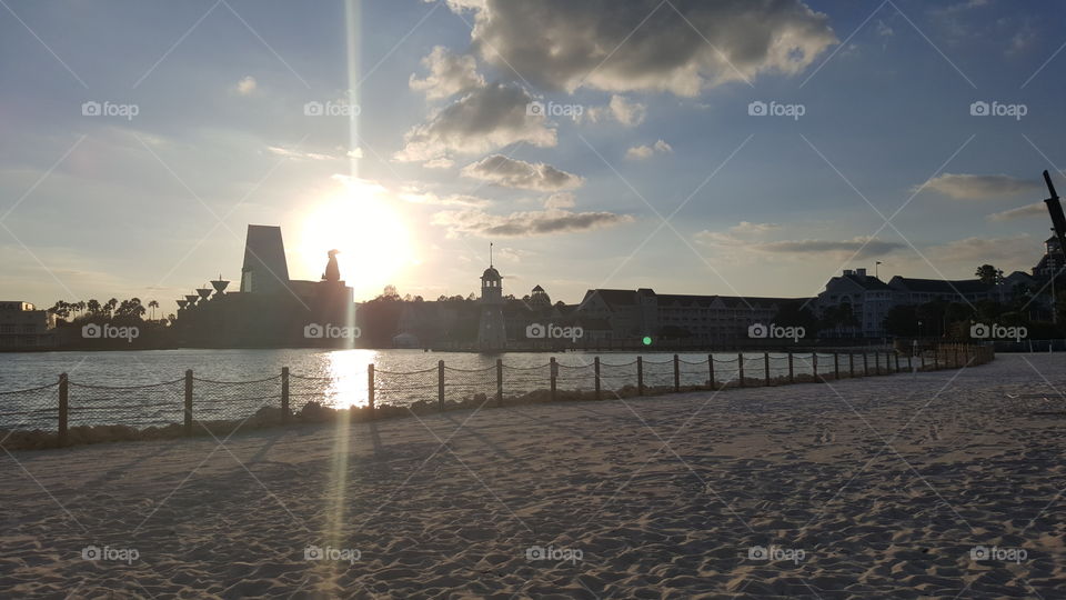 The sun sets over the Disney Boardwalk.