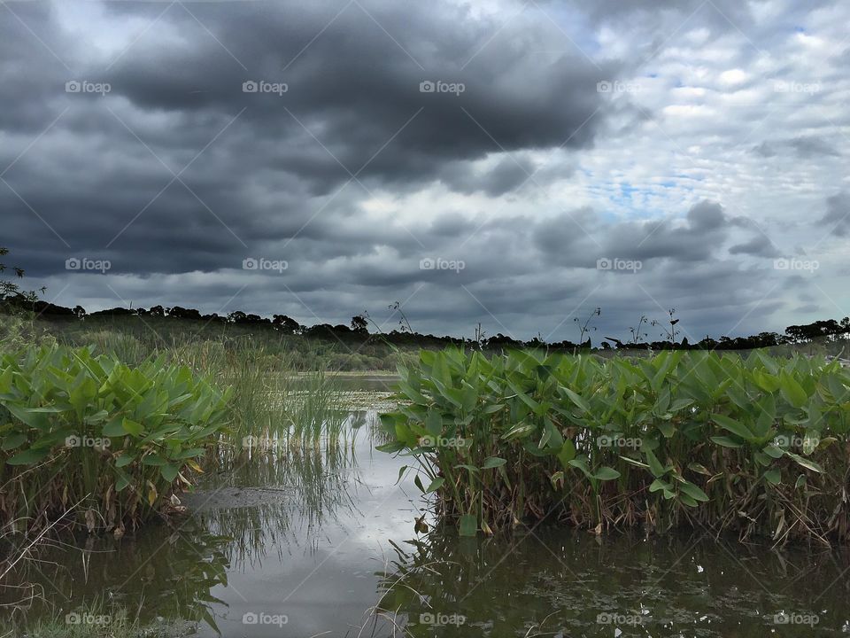 Storm clouds over lake
