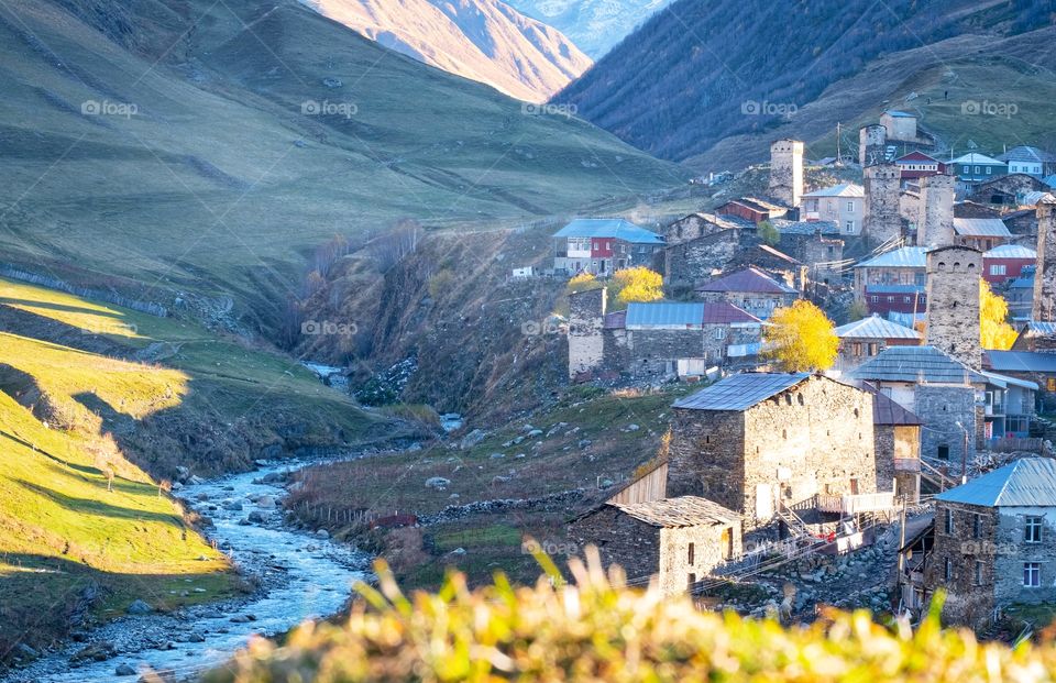 A cute village, land scape of Ushguli in valley at Georgia 