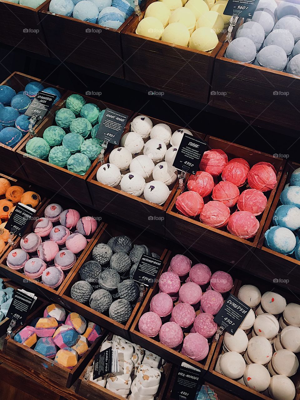 This photo was taken in a shop of pretty, colorful and good smelling bath bombs.