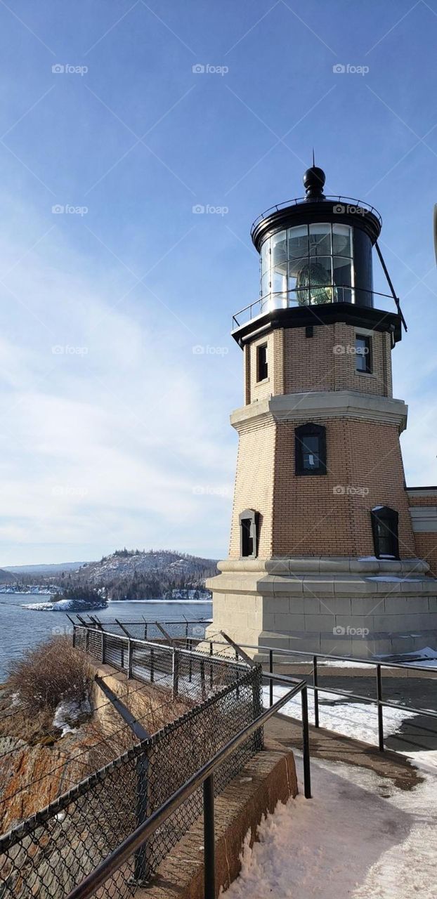 architectural lighthouse on the lake, split rock lighthouse Duluth, MN, lake Superior in winter