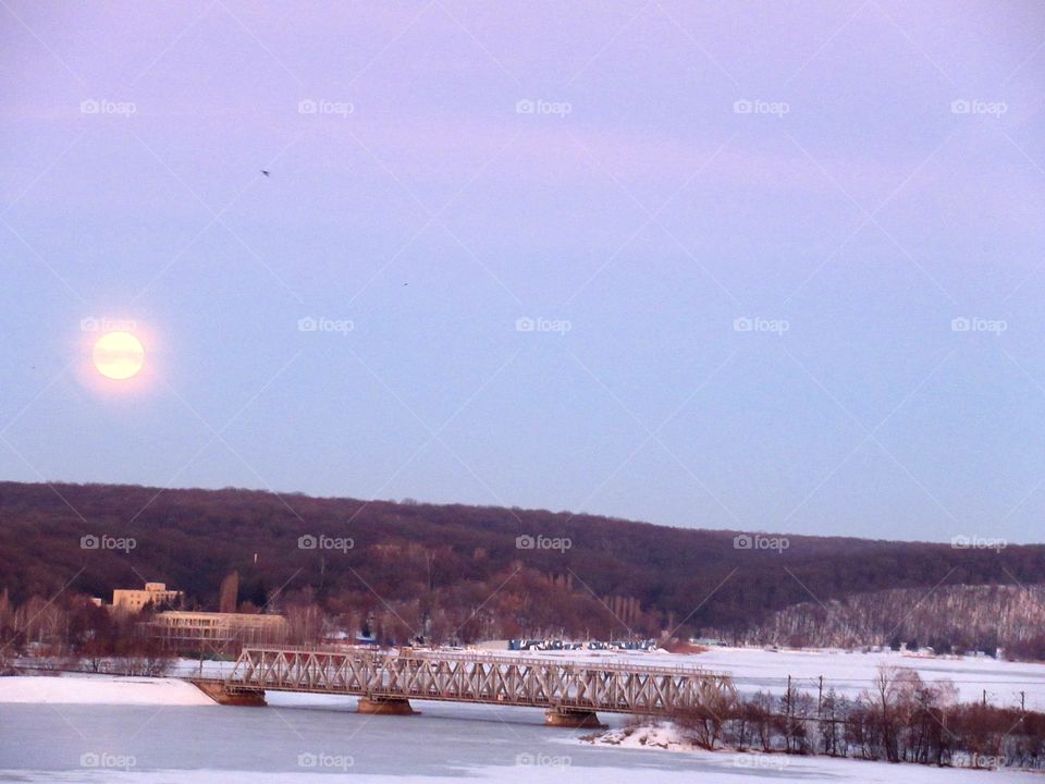 super moon and bridge in February in Russia