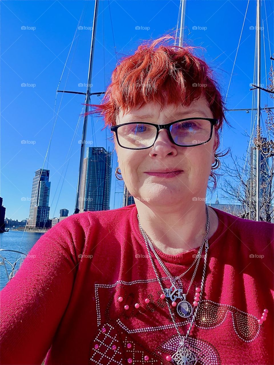 This is me, “Petra Schiller” a.k.a. “Maxine Firefox” a.k.a. “Maximiliane Feuerfuchs” aboard “Salvation”, our “28 ft 1969 Luhrs” cabin cruiser at “Newtown Creek” by the “Pulaski Bridge” in LIC, Queens. 2024. Hypnotic Productions