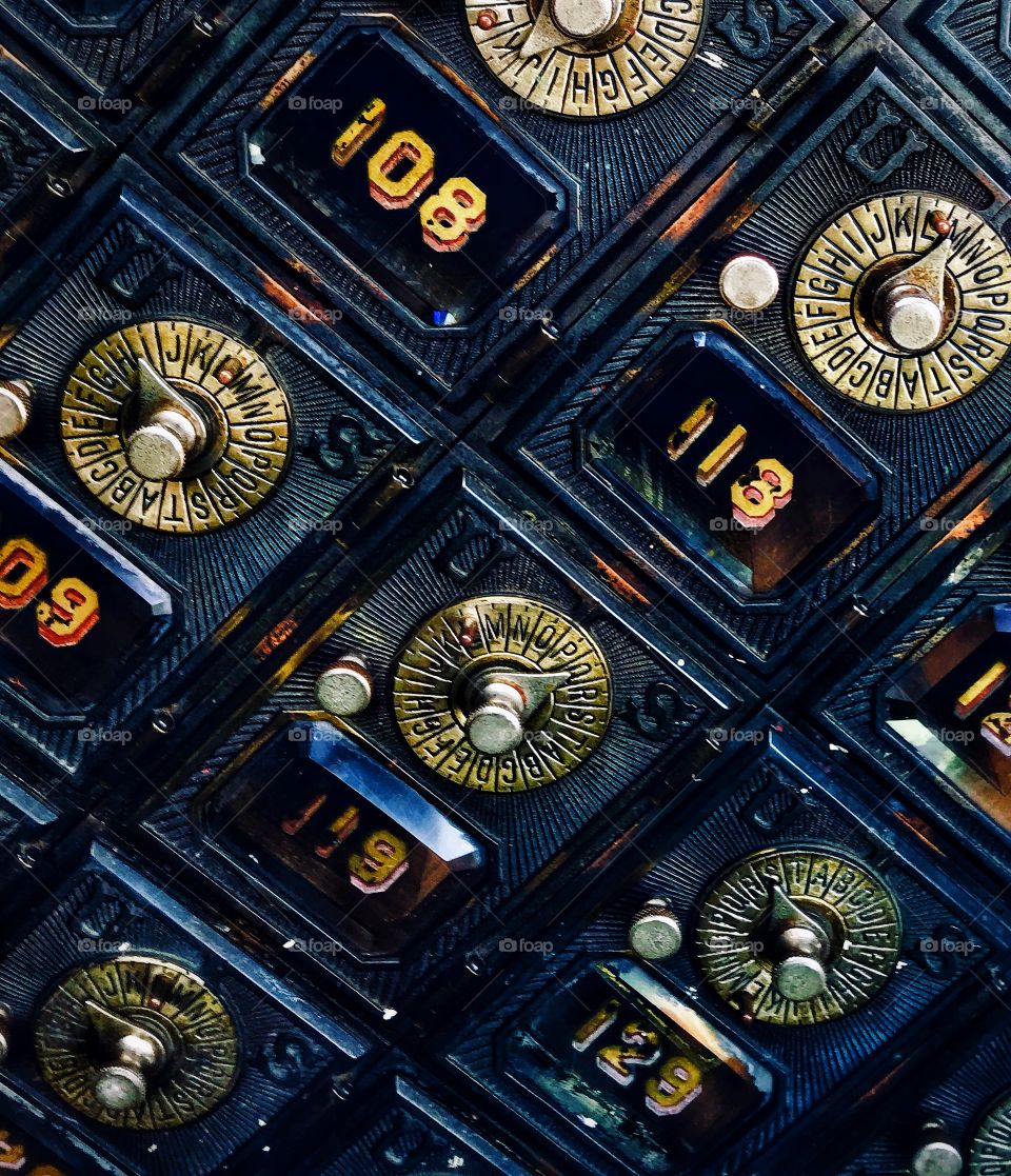 Antique mailboxes in an old post office—taken in Ludington, Michigan 