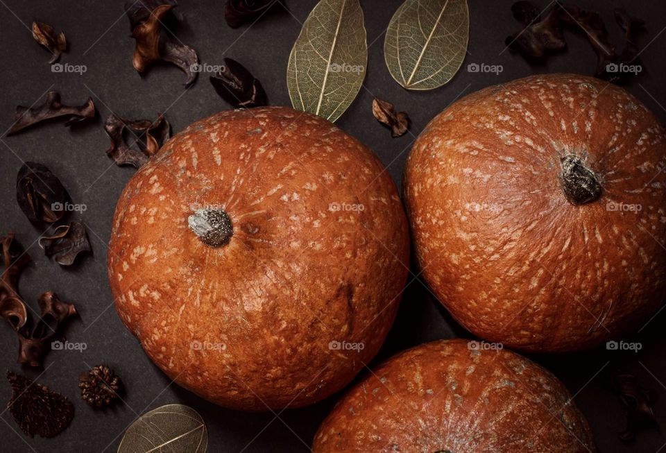 Flat lay of 3 pumpkins with skeleton leaves and dried plants