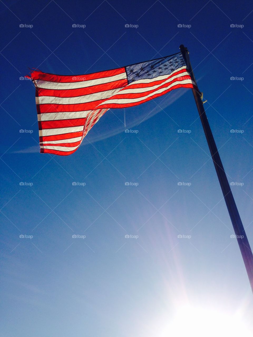 Free flag. American flag soaring above the sun