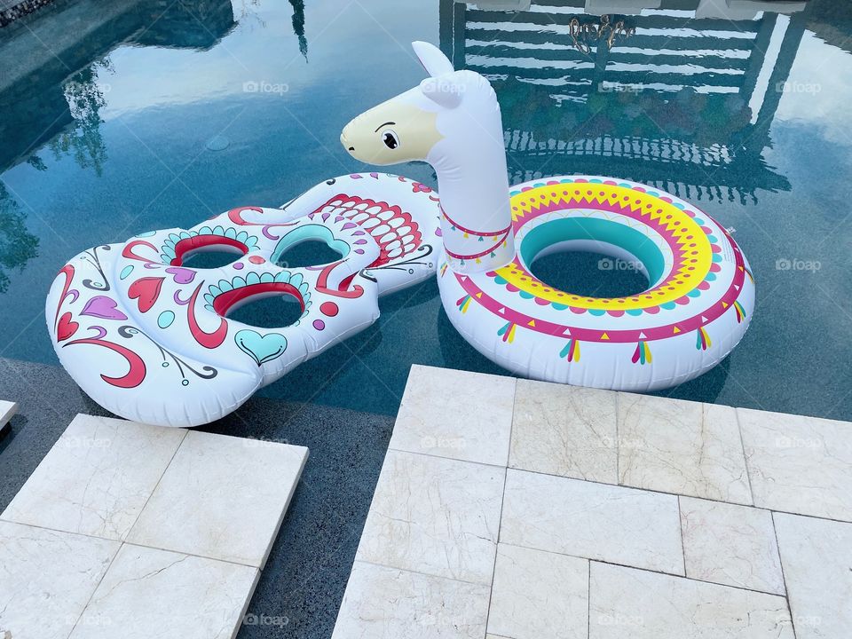 Colorful outdoor pool floats for a poolside fiesta!
