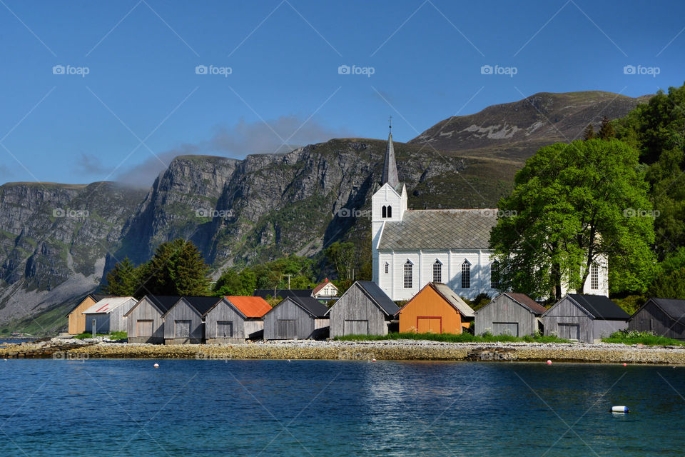 Church and boathouses, Norway