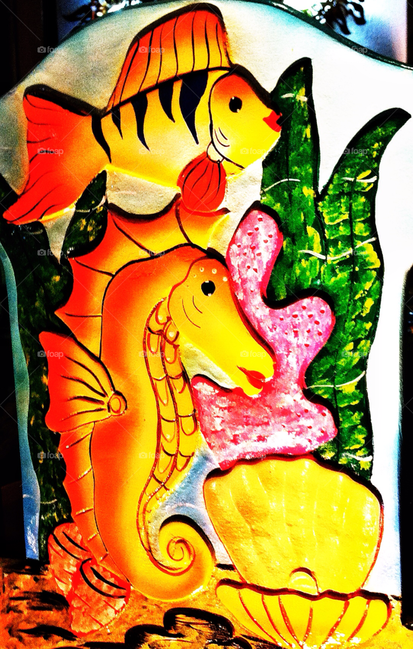 chair back fish art colorful by delvec