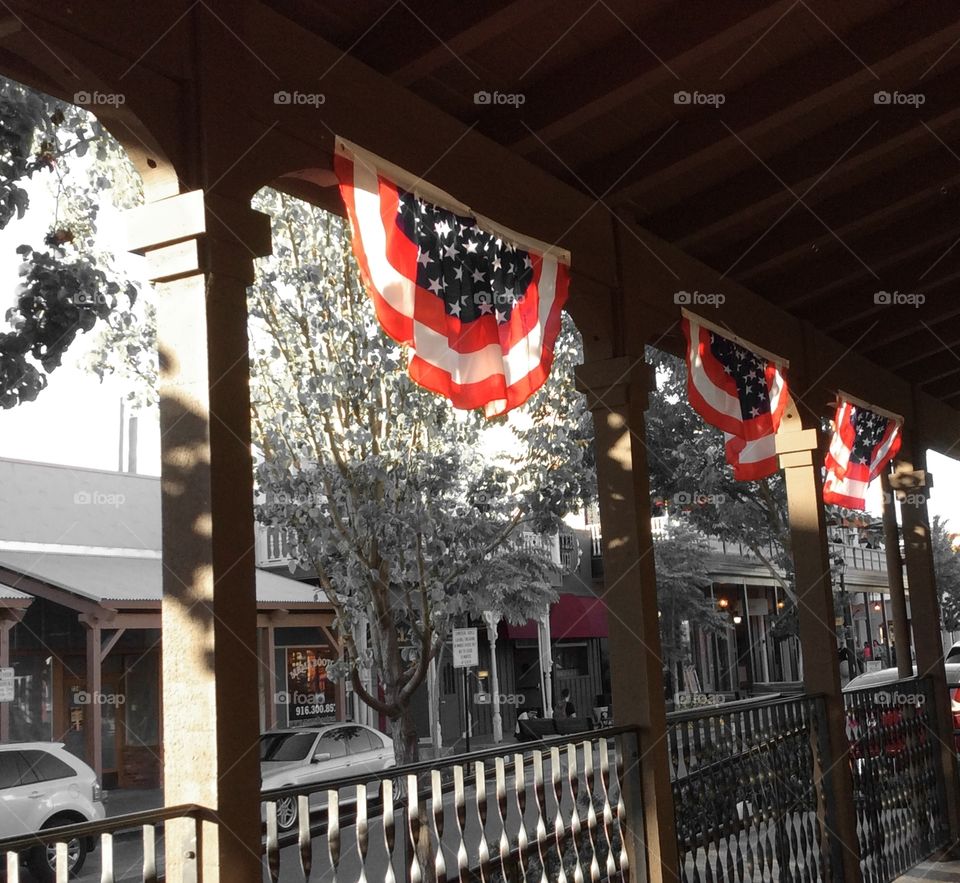 Old Folsom, California, USA, . USA flags in late day, Old Folsom, California, USA, 