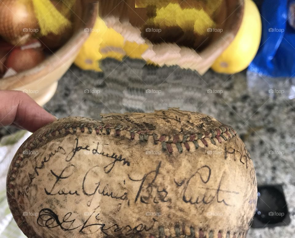 Panoramic picture of a baseball signed by Babe Ruth, Lou Gehrig and other members of the 1927 Yankees. 