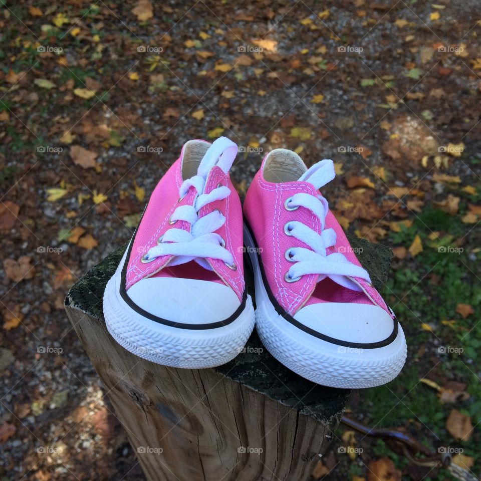 Pink kids Converse shoes in the woods. 
