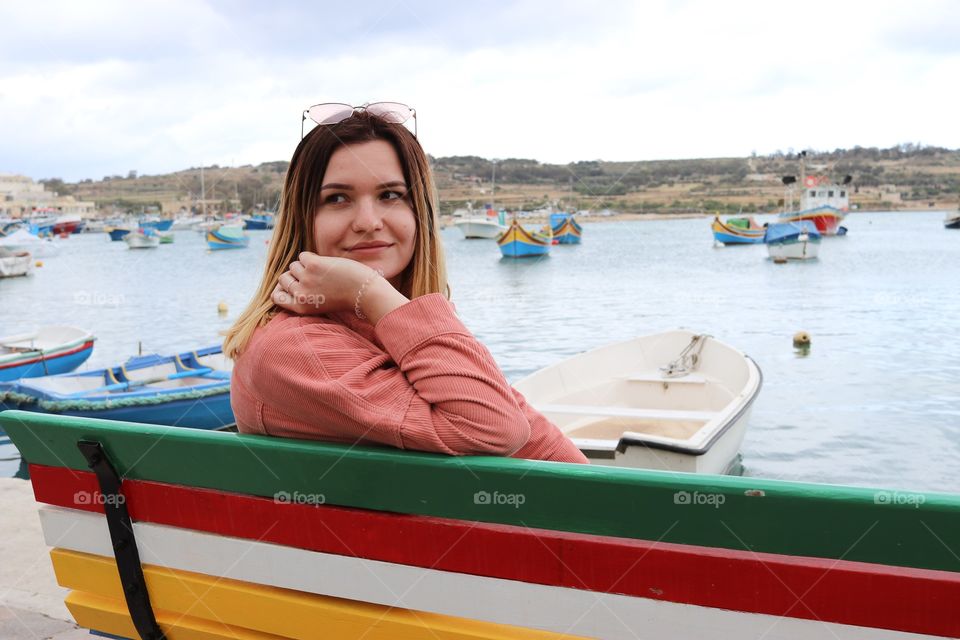 Fishing boats and girl 