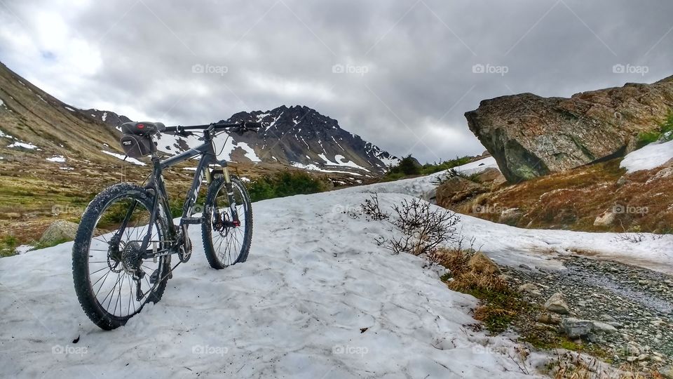 Mt bike in snowy path