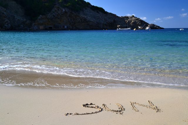 The word Sun in the sand. The word Sun written in the sand in Cala Vadella, Ibiza - Spain