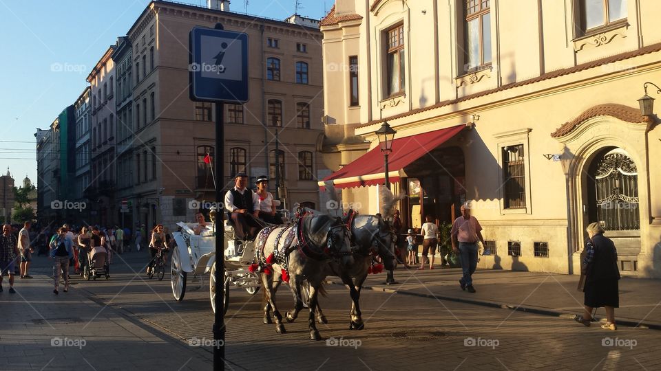 Horses On the Square. Some common sights in Krakow, Poland are the horse and carriage rides all around the main square.