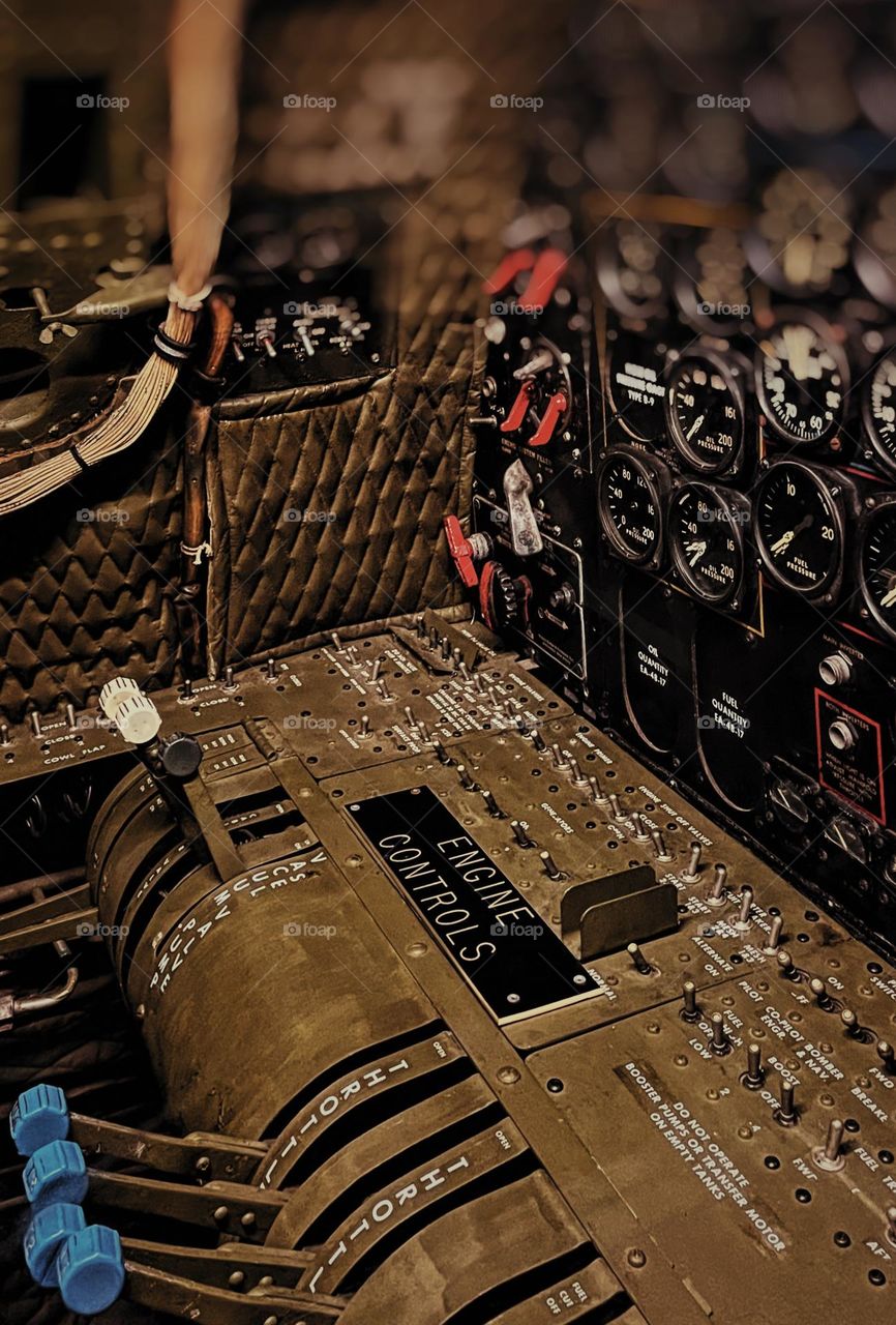 Control panel in aircraft, military aircraft control system, controls at the helm, engine controls in USAF military aircraft 