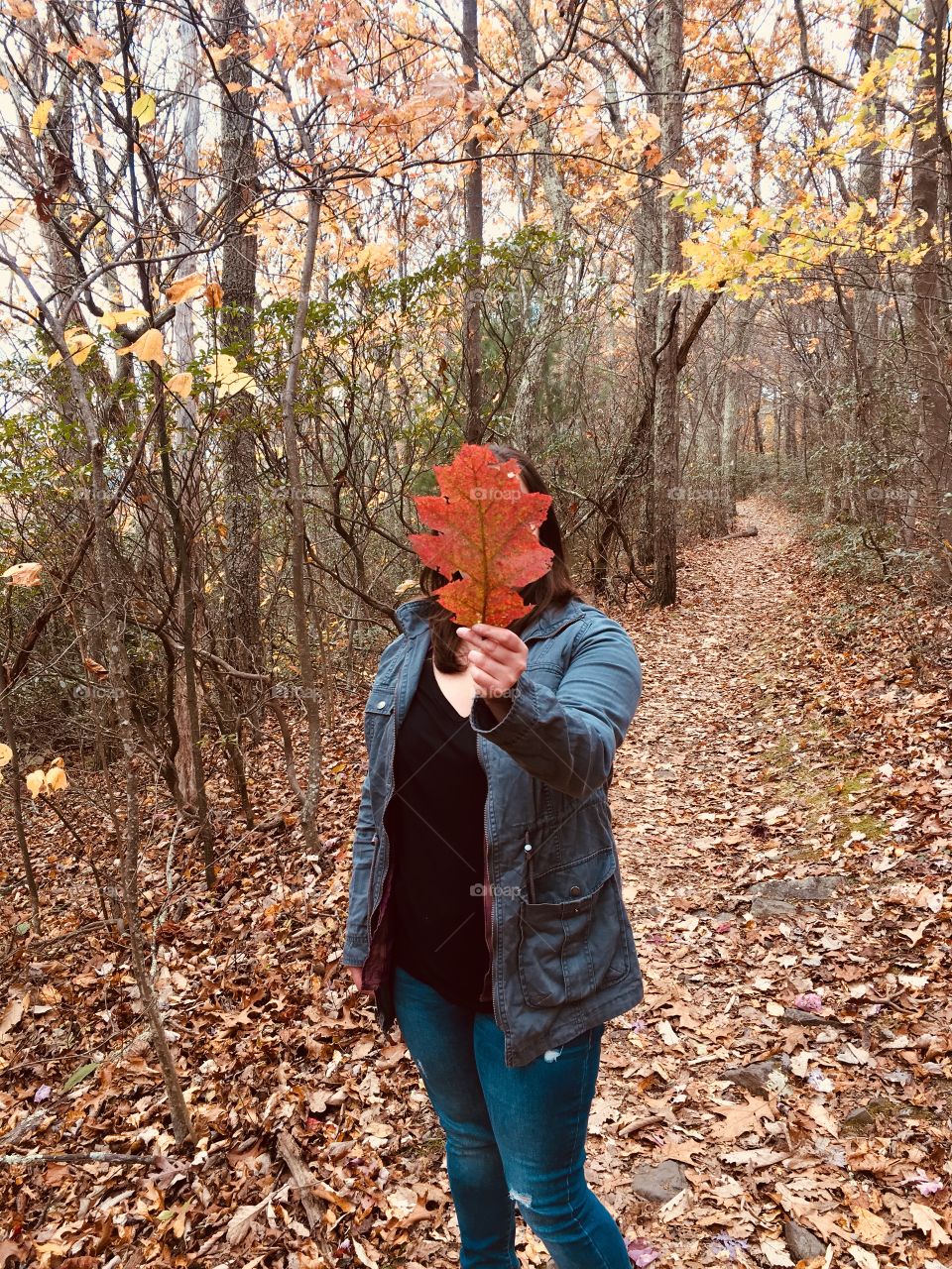 Giant fall leaf covers women’s face.