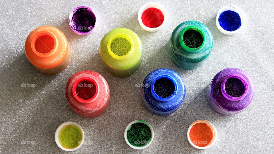 High angle view of glitter Paints
