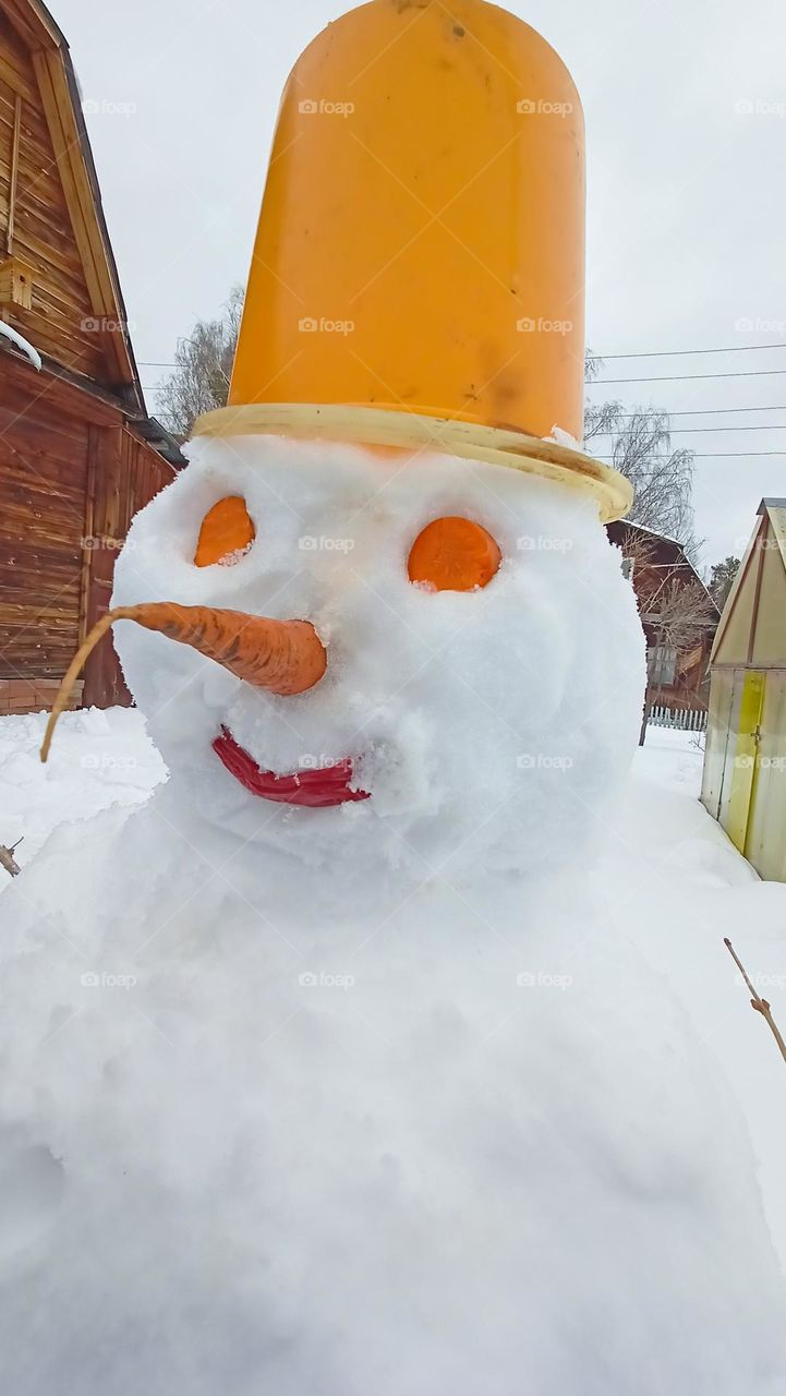 funny snowman, bright color, white and orange, bucket, carrot, snowman, snow, winter