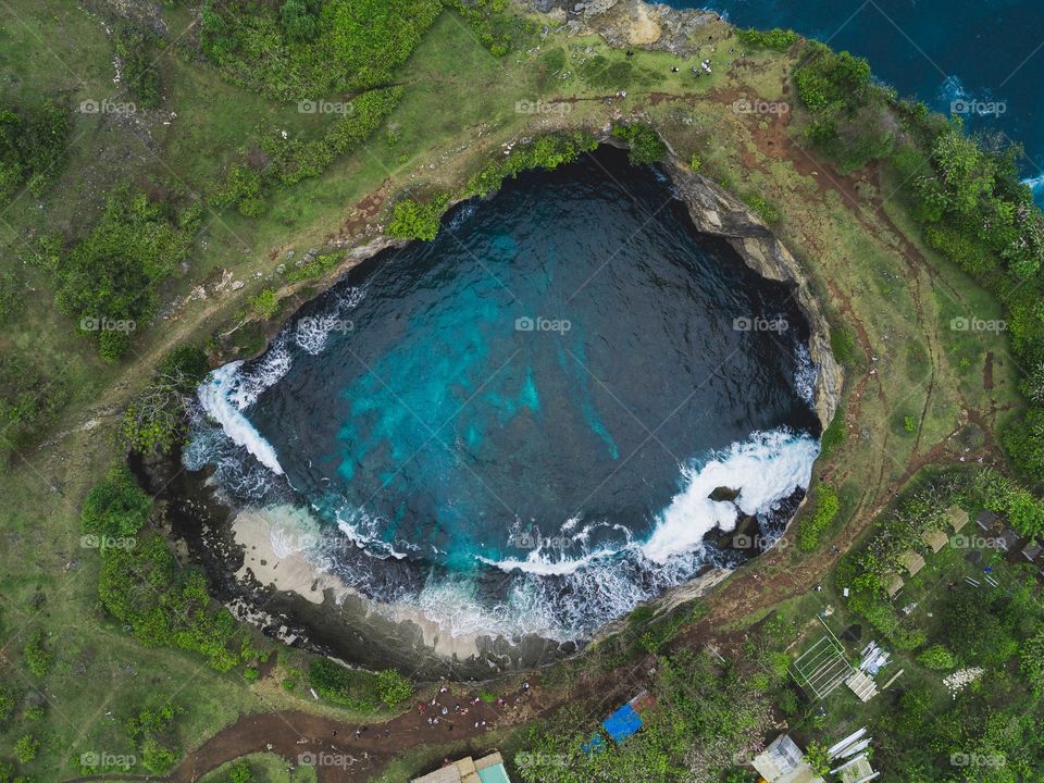 A bird’s eye view of the unique landform that creates Nusa Penida’s famed Pasih Uug.