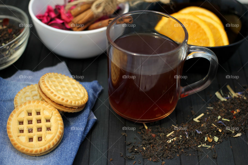 View of tea cup with spices