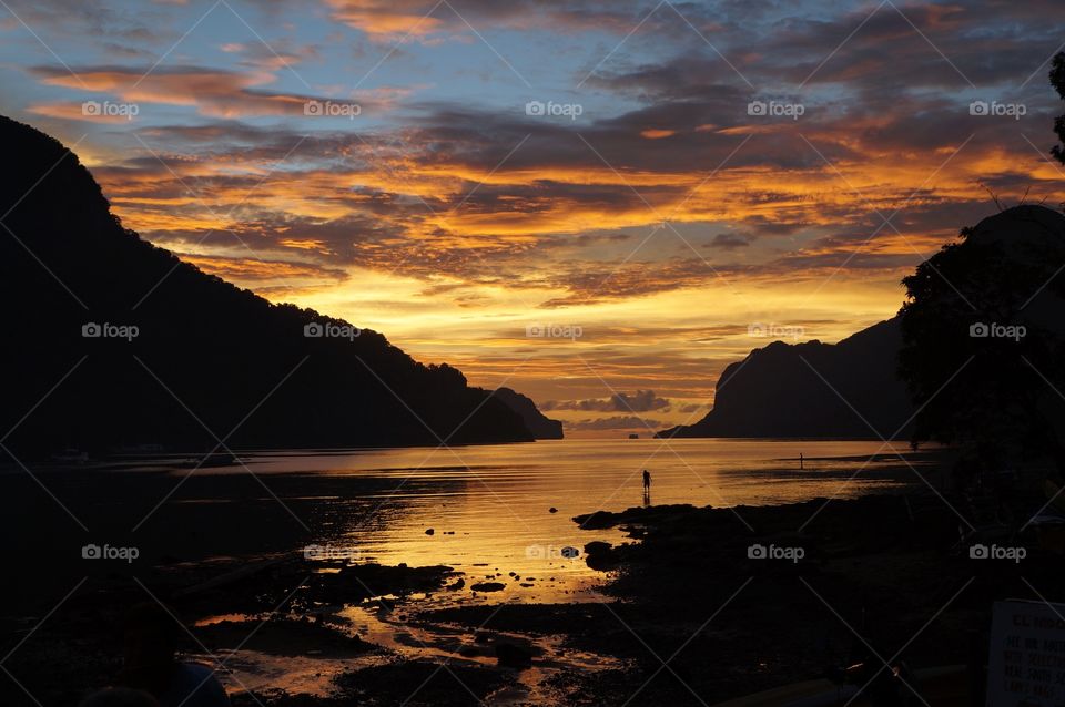 Silhouette of mountains at Sunset in El nido, Philipphines