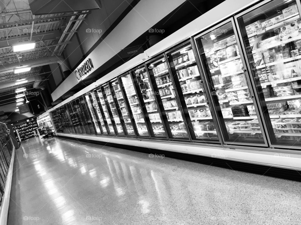 Perfect Frozen food isle in Publix grocery store in Florida in black and white 