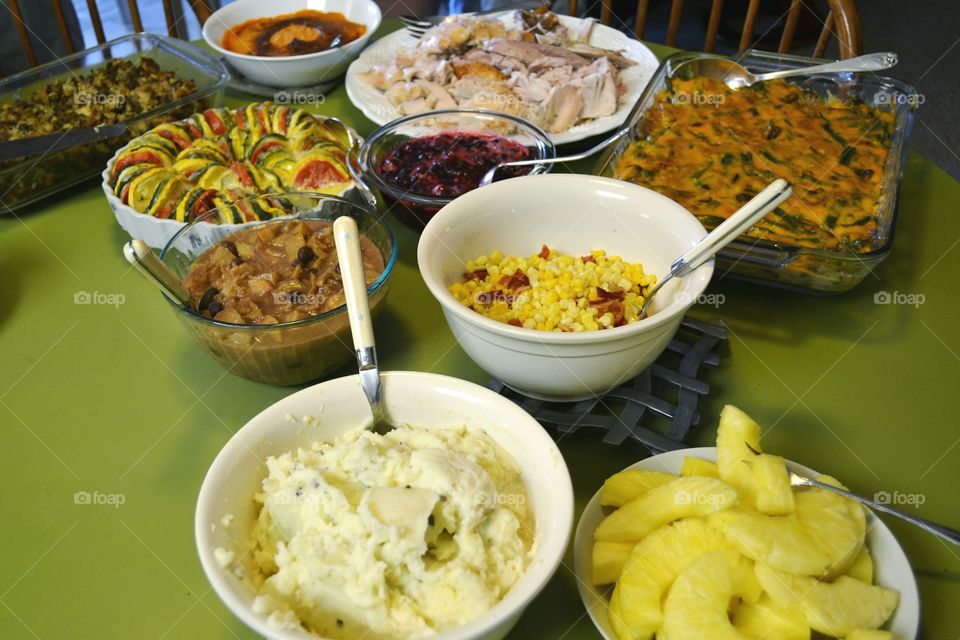 Prepared Fruits and Vegetables of a Thanksgiving feast