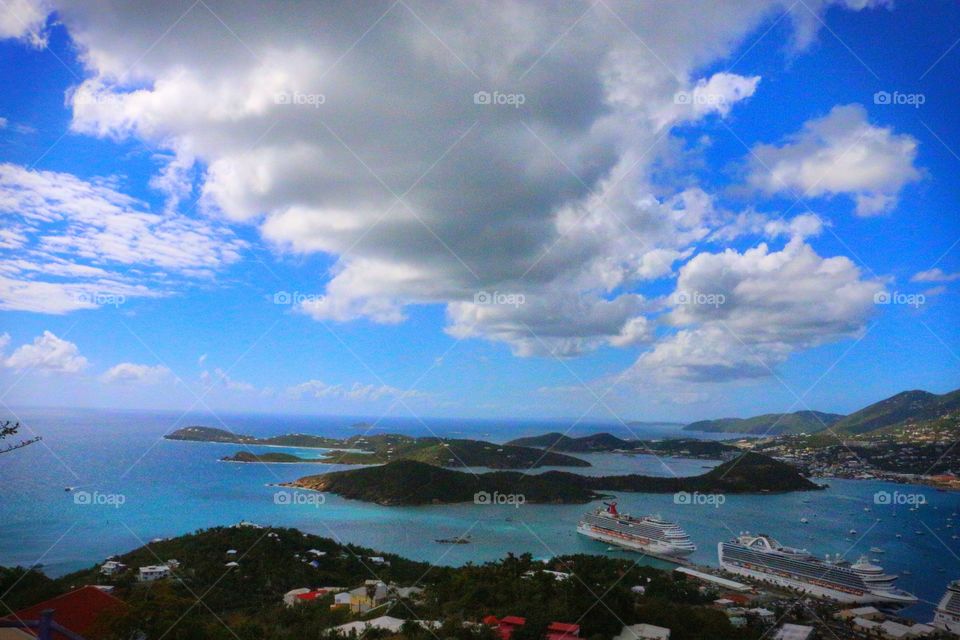 Beautiful view over looking the ocean and cruise port in St. Thomas, USVI 