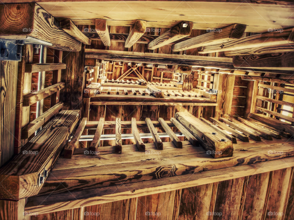 Looking up wooden stairs