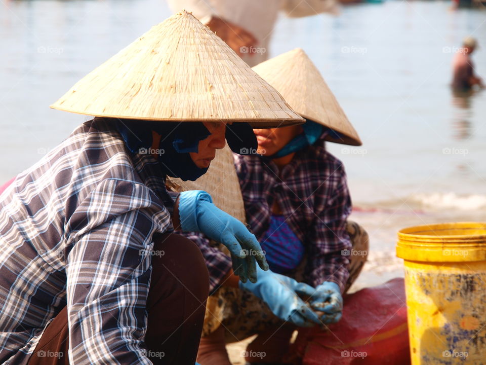 Traditional vietnamese women  sorting the fish