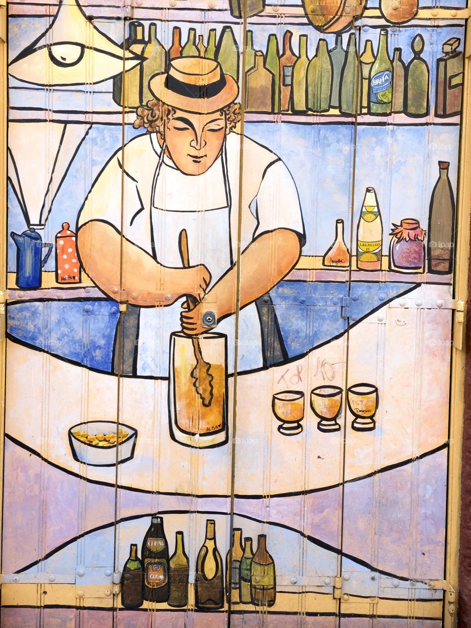 A close up of a whimsical pastel painting of a bar man mixing “Poncha” the drink of Madeira 